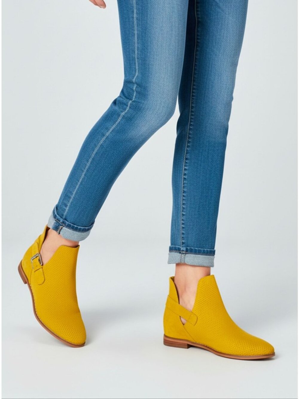 Khaki Perforated Faux Suede Pointed-Toe Ankle Boots With Buckle Strap Low Heel D